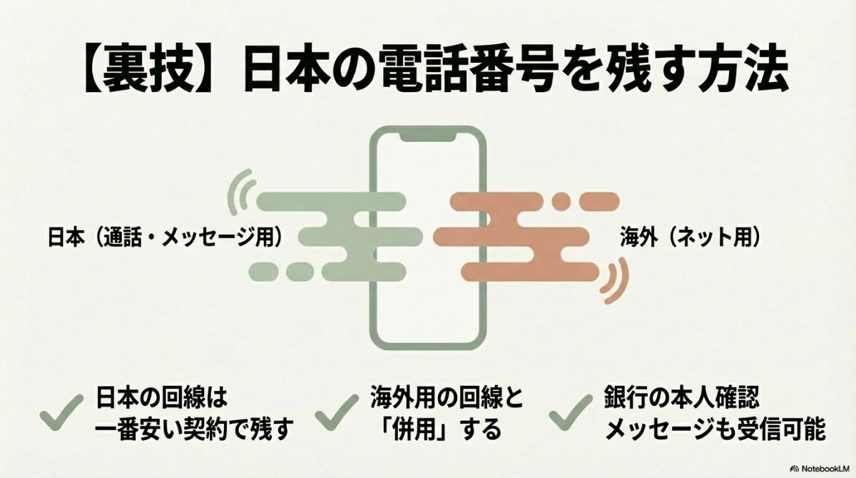 日本の回線を一番安い契約で残して通話・メッセージ受信に使い、海外用のネット回線と併用して日本の電話番号を残す方法