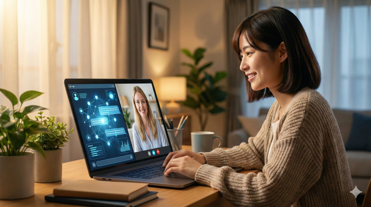 AIによる英文添削とオンライン英会話講師による対面指導を組み合わせた、効果的なハイブリッド学習に取り組む日本人女性の様子。