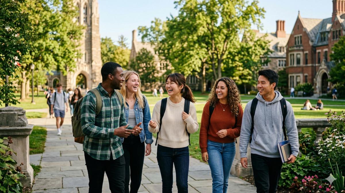 現地で多様な国籍の友人と充実した留学生活を送る日本人学生のイメージ