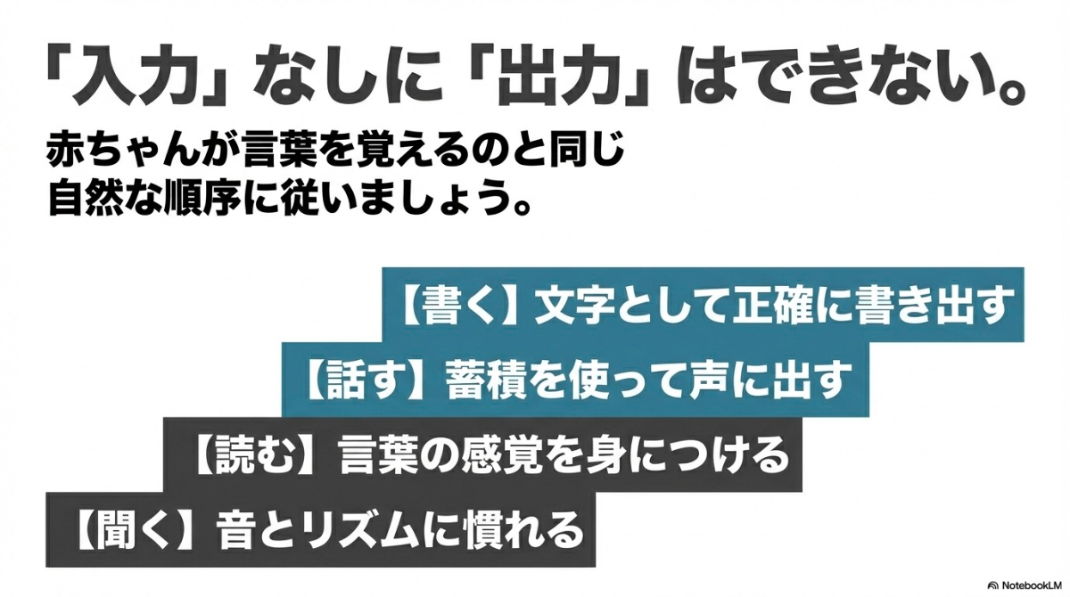 赤ちゃんが言葉を覚えるのと同じように、聞く・読むの入力から、話す・書くの出力へと進む自然な学習順序の図解