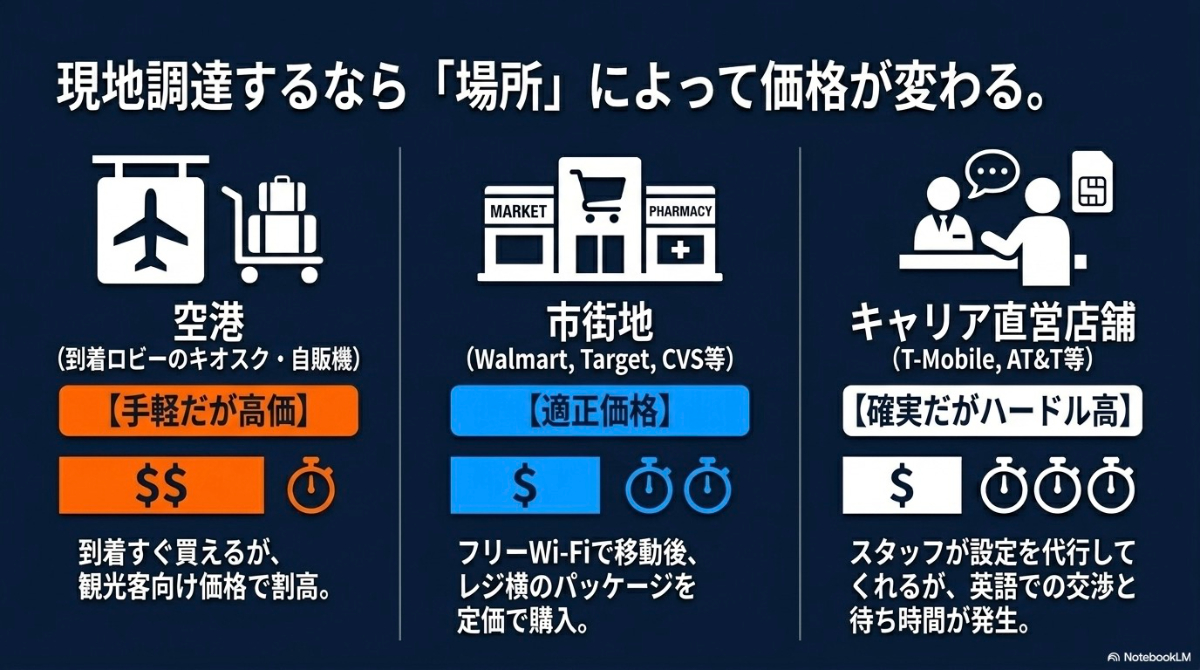 空港、市街地のスーパーや薬局、キャリア直営店舗といった、現地調達する場所ごとの価格や手軽さの違いを比較したスライド