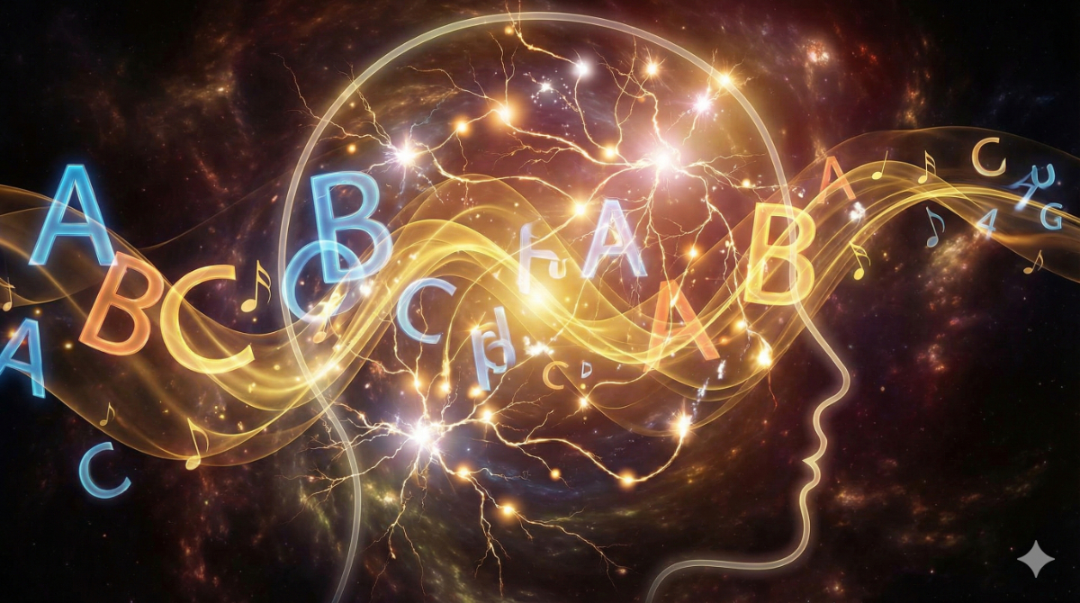 リスニングで「音と文字を結びつける」「英語脳を作る」という概念を、美しいビジュアルとして表現。