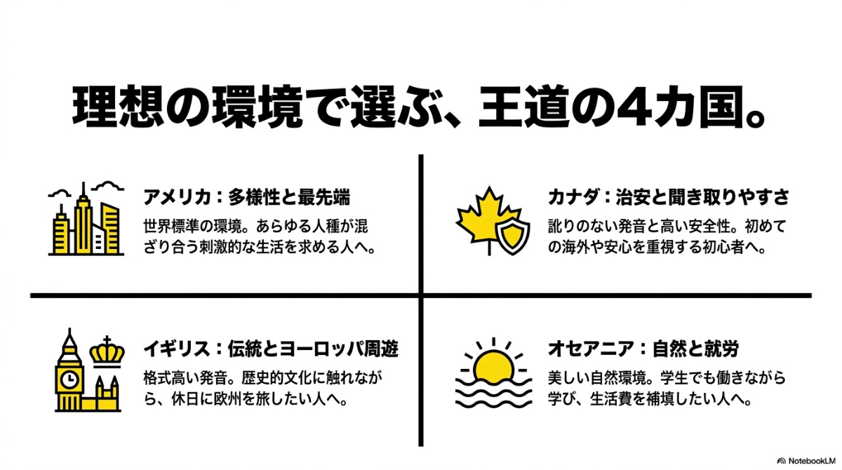 理想の環境で選ぶ、王道の4カ国。多様性のアメリカ、治安のカナダ、伝統のイギリス、自然と就労のオセアニア。