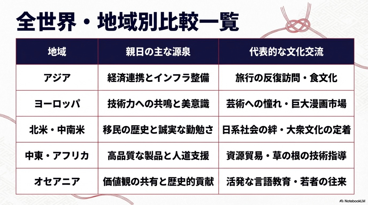 アジア、欧州、中南米、中東・アフリカの各地域において、日本に対する関心分野や背景がどのように異なるかをまとめた一覧表