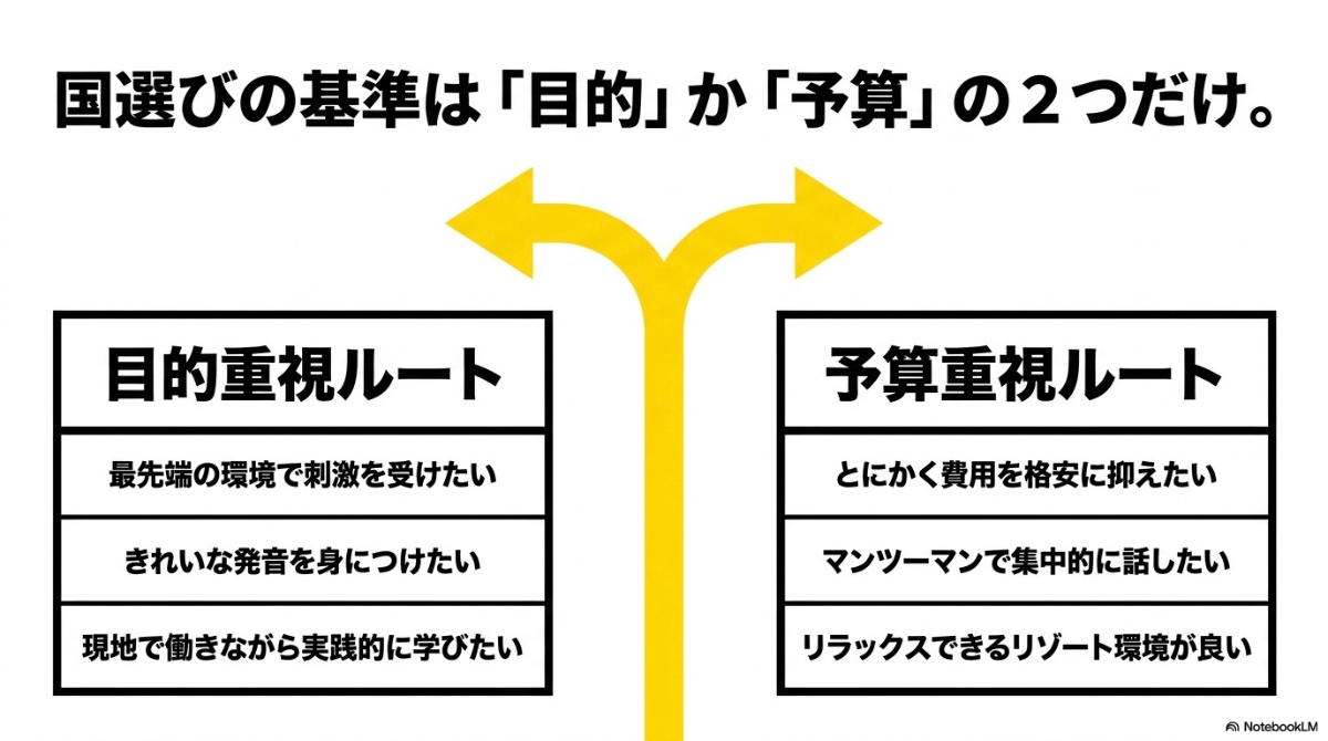 国選びの基準は「目的」か「予算」の2つだけ。最先端の環境や実践重視の目的ルートか、費用格安やマンツーマン重視の予算ルート。
