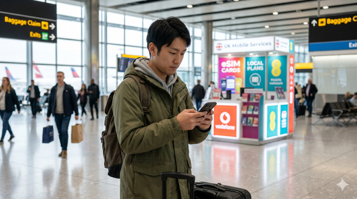 イギリスの空港に到着し、スマートフォンで現地のSIMを設定する日本人男性の様子。