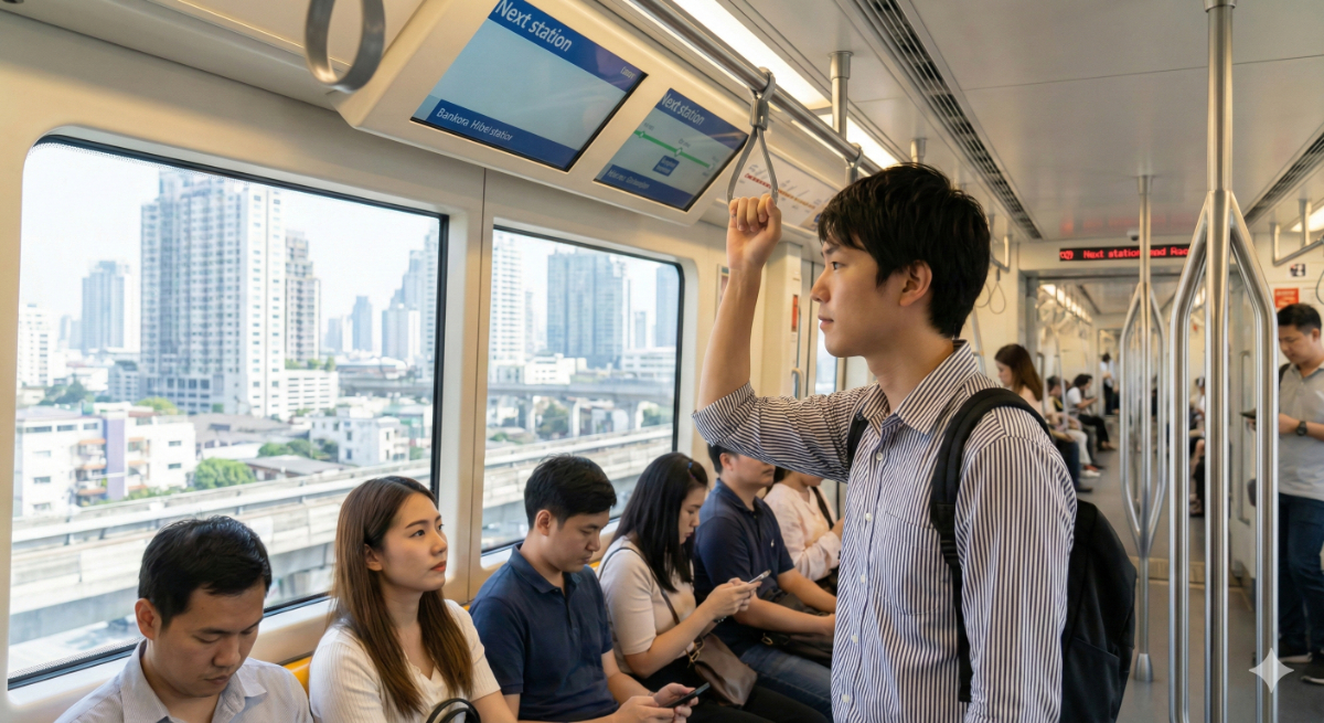 東南アジアの都市鉄道（MRTやBTS）の車内で、窓の外を眺める日本人男性旅行者。公共交通機関を利用して賢く移動費を節約する様子。