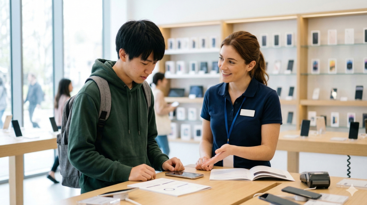 海外の携帯ショップのカウンターで現地SIMカードの契約手続きをする日本人の留学生
