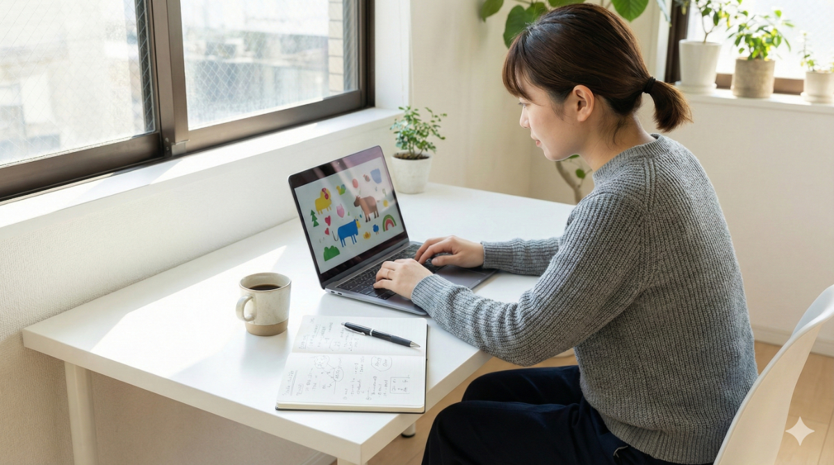 自宅のリラックスした環境で、パソコンの大画面を使って集中して英語学習に取り組んでいる様子。