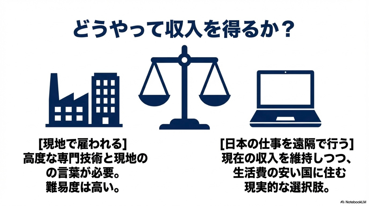 海外移住先で収入を得る2つの方法として、「現地で雇われる」方法と、「日本の仕事を遠隔で行う」というな選択肢を比較したスライド。
