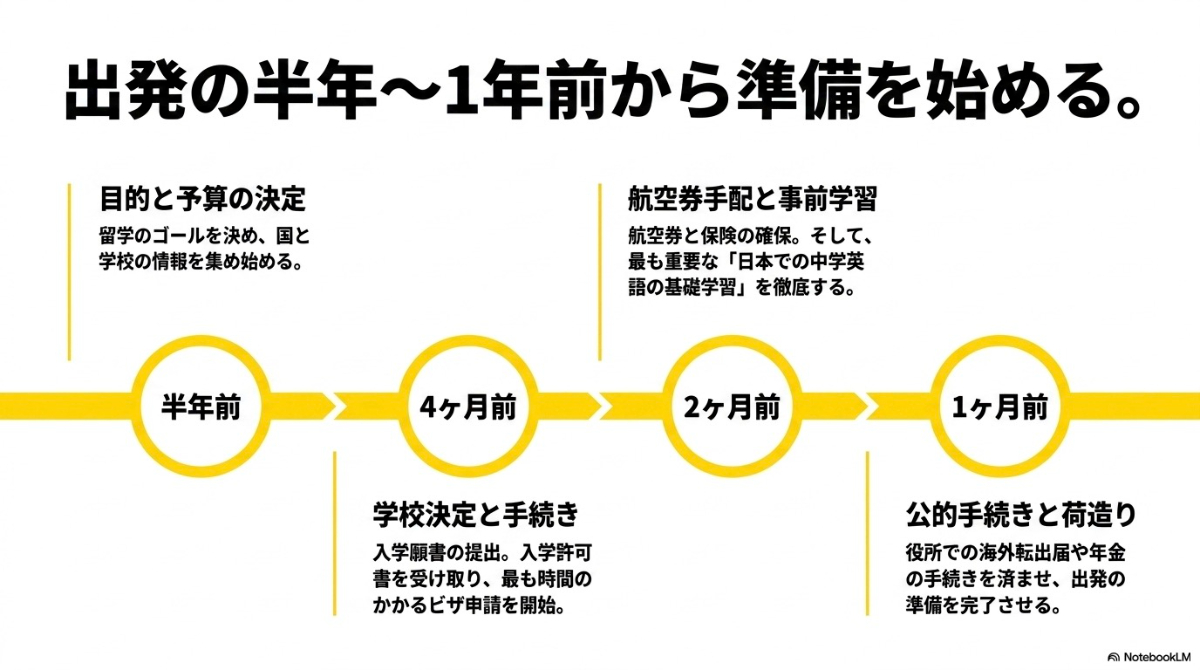 出発の半年〜1年前から準備を始める。目的決定、航空券手配、学校決定、公的手続きまでのタイムライン。