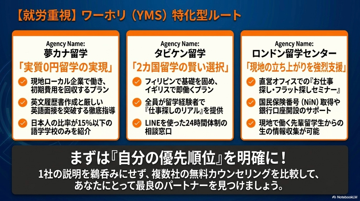 就労重視のイギリスワーホリ（YMS）特化型エージェント。夢カナ留学、タビケン留学、ロンドン留学センターの特徴