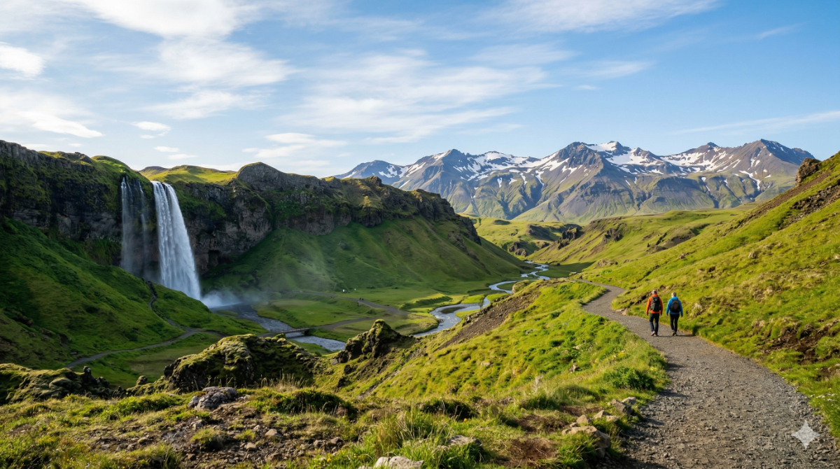 世界一治安の良い国アイスランドを象徴する、平和で雄大な滝と自然を安全に楽しむハイカーの風景