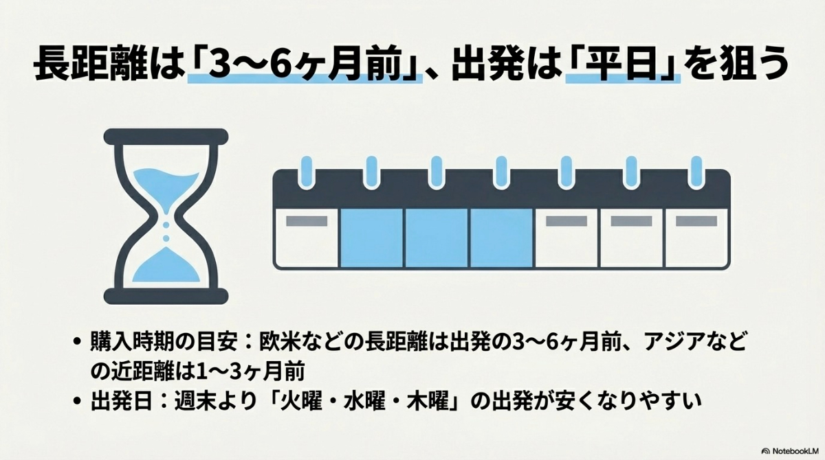 長距離は出発の3〜6ヶ月前、出発日は火曜・水曜・木曜が安くなりやすいという購入時期の目安を解説したスライド 。