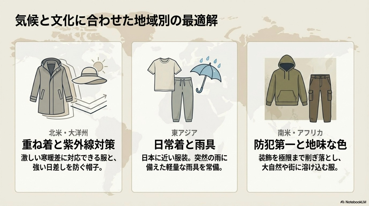 北米の大洋州、東アジア、南米・アフリカなど、気候と文化に合わせた地域別の最適な服装選び