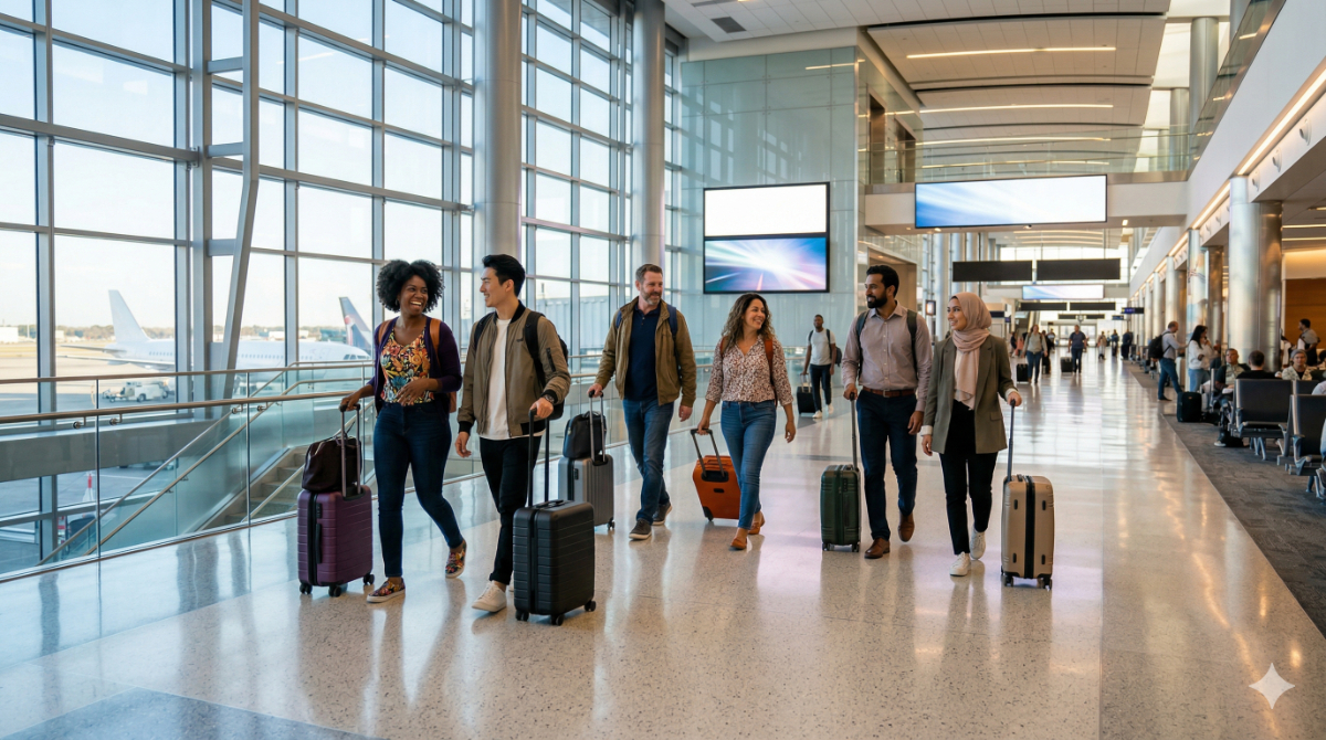 明るく安全な国際空港のターミナルを笑顔で歩く多様な旅行者たちの風景