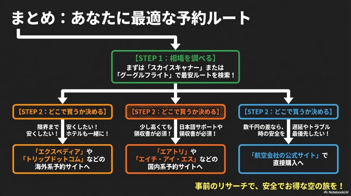 相場を調べてから、限界まで安くしたいか、日本語サポートが必須か、安全を最優先するかによって購入先を決める最適な予約ルートのフローチャート