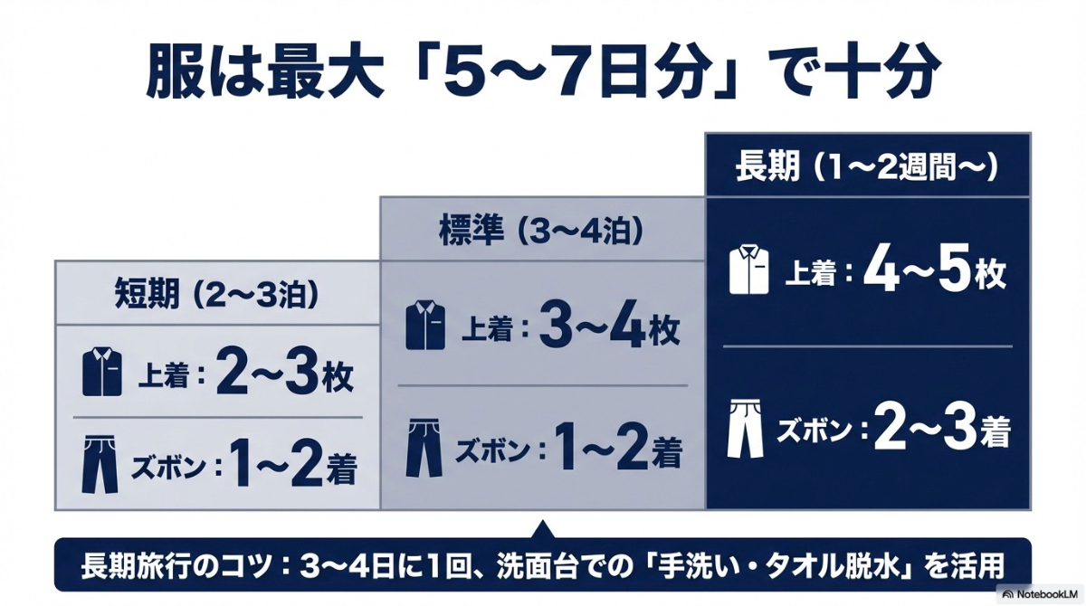 短期から長期まで、旅行期間別の服の必要枚数と持ち物の目安を示す表