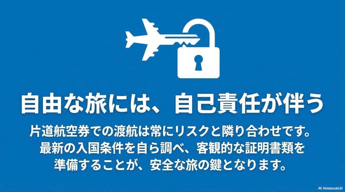 自由な旅には最新の入国条件の確認や客観的な証明書類の準備など自己責任が伴うことを示すスライド