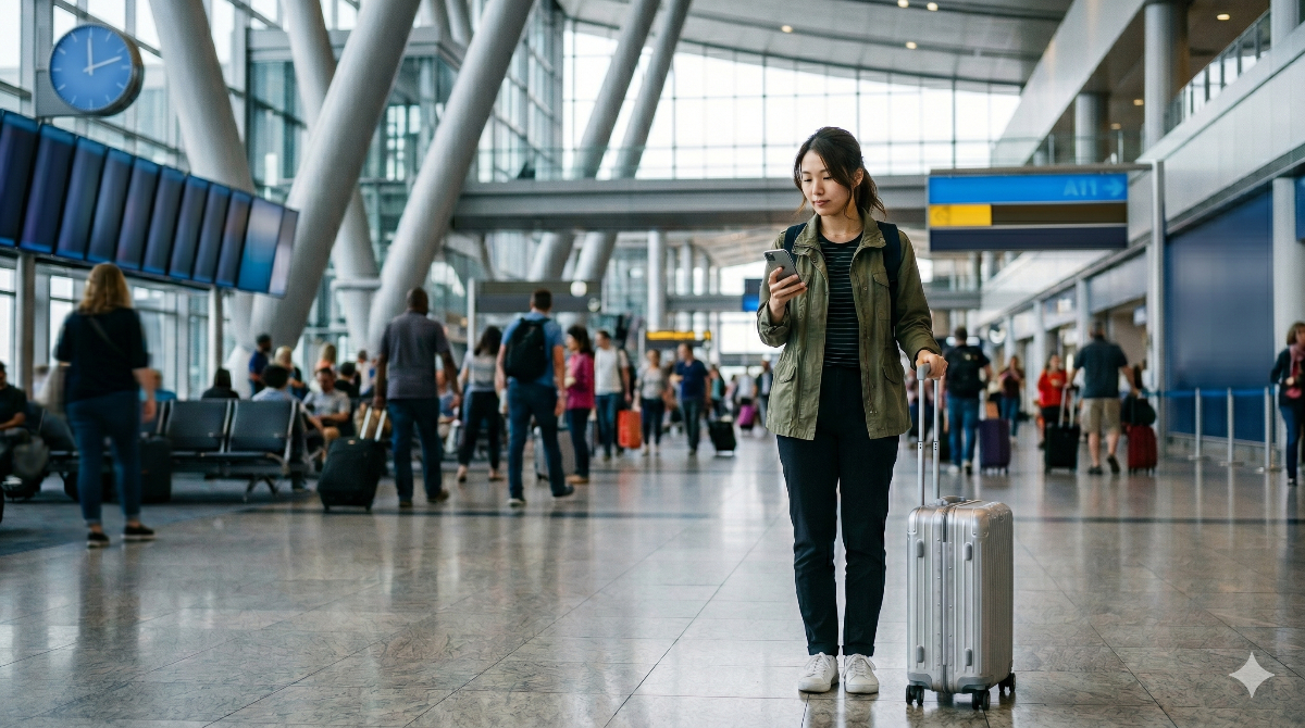 アメリカの空港到着ロビーで片手にスマートフォンを持ち、通信を確認する日本人女性旅行者の様子。