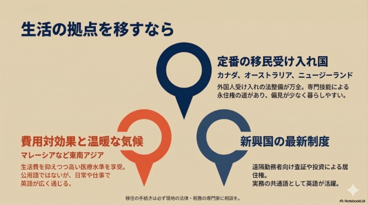 生活の拠点を移す目的に対して、定番の移民受け入れ国、費用対効果の高い国、新興国を解説したスライド