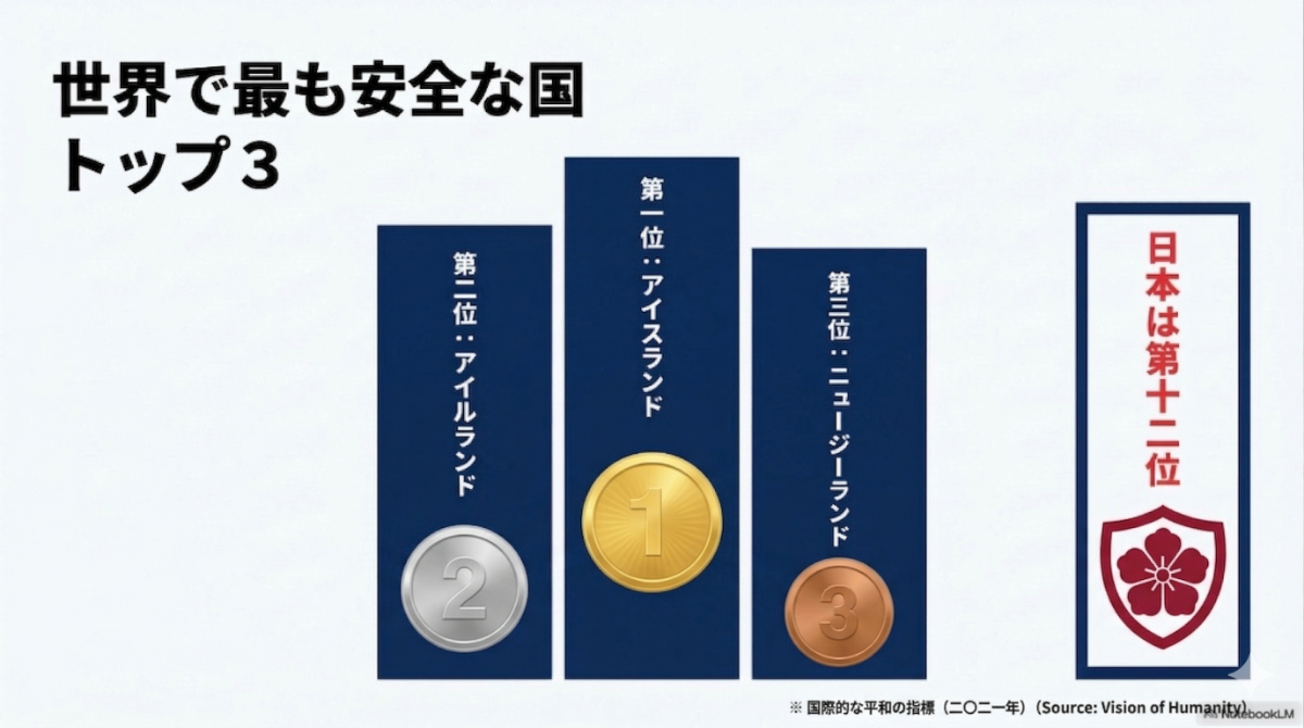 1位アイスランド、2位アイルランド、3位ニュージーランドというトップ3と、日本が12位であることを示すランキングスライド