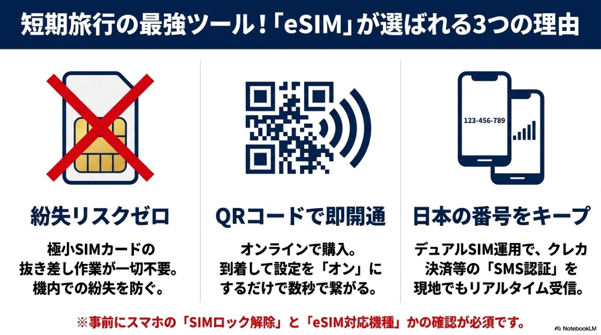 eSIMのメリット（紛失リスクゼロ、QRコードで即開通、日本の番号をキープ）を説明するアイコンと解説。