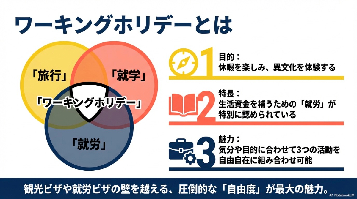 ワーキングホリデーの魅力である「旅行」「就学」「就労」の3つの活動を自由自在に組み合わせられることを示す図解