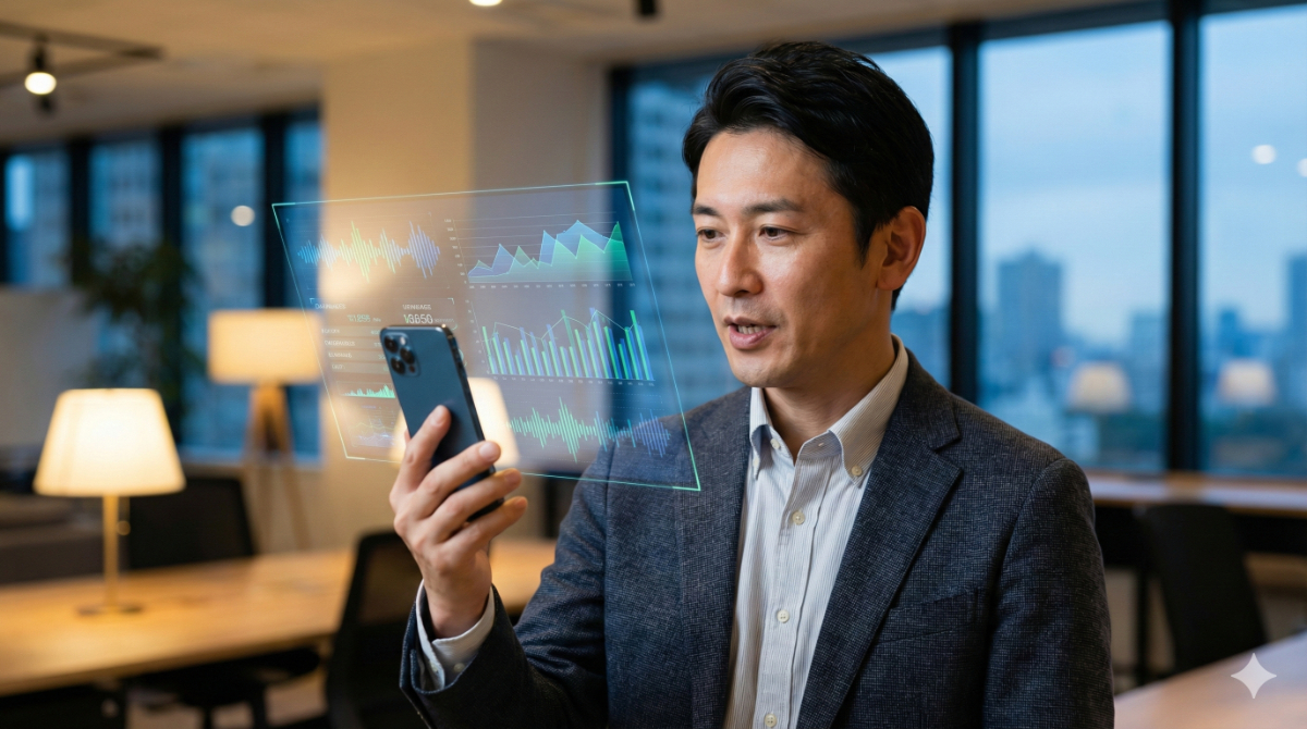 ビジネスマンがAIを使ってプレゼンの練習をし、フィードバックを受けている様子。