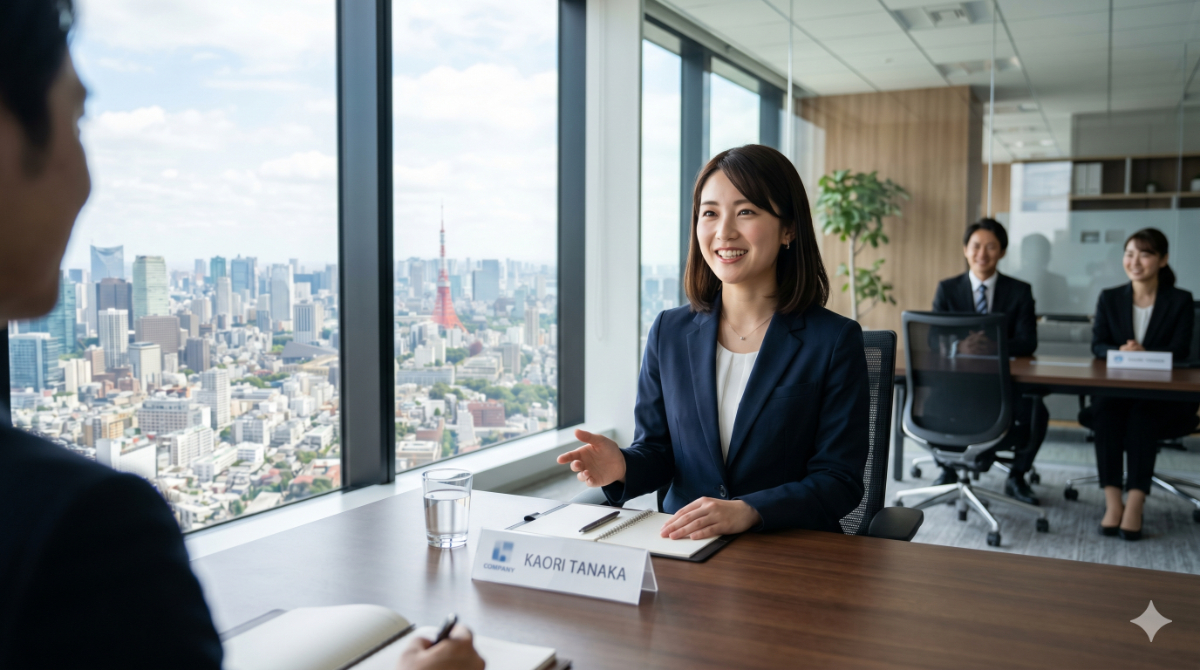 ワーキングホリデーから帰国後、日本で自信を持って面接に臨む日本人女性。