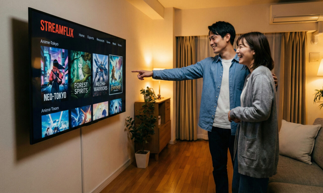 テレビの動画配信サービス画面を見ながら、次に見る英語のアニメ作品を相談して選んでいる日本人の男女のペア。学習に適した作品選びのワンシーン。