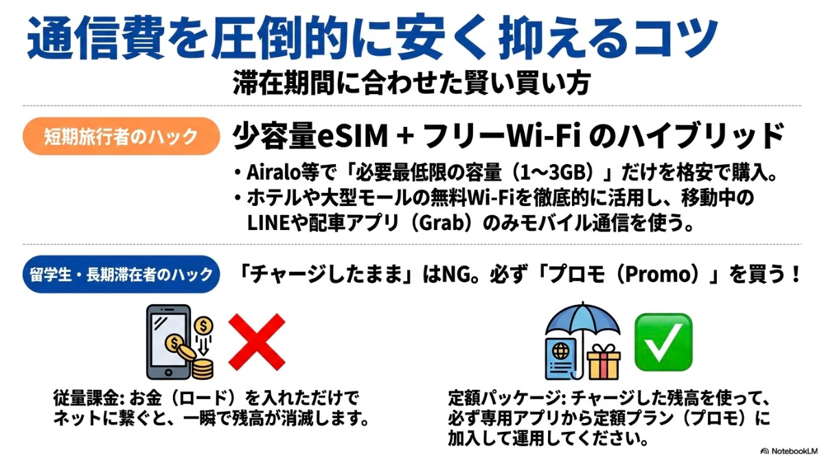 スマートフォンの無駄なデータ消費を防ぎ、通信費を節約するコツを解説したスライド