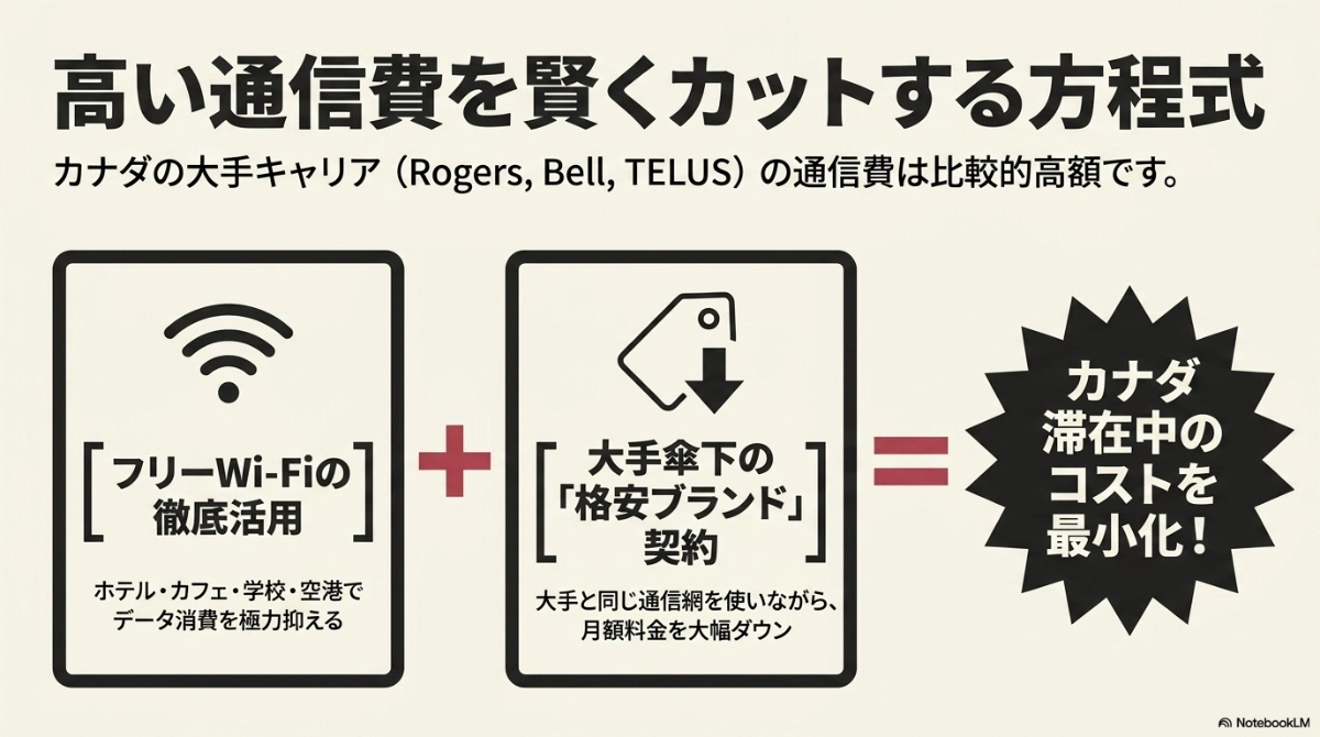 カナダでの通信費を節約するポイントを解説したスライド