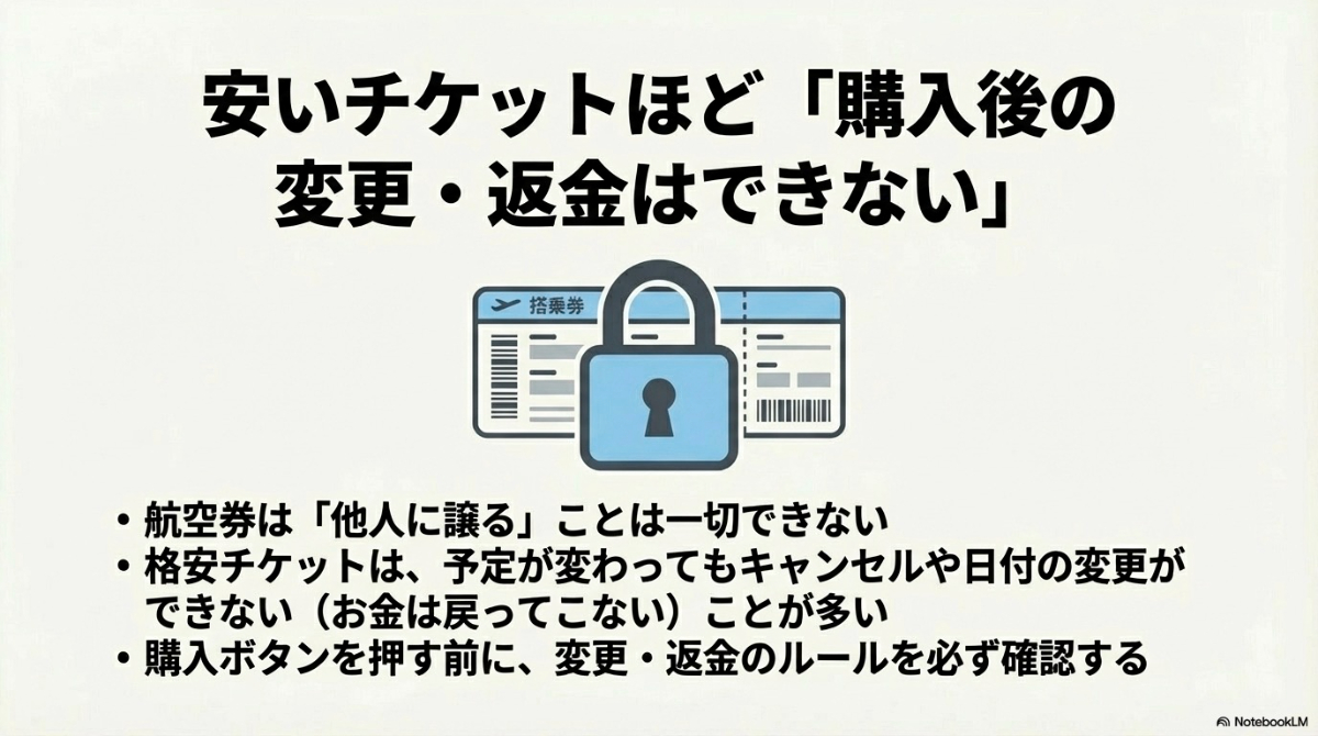 南京錠と搭乗券のアイコン。航空券は他人に譲ることができず、安いチケットほどキャンセルや日付の変更ができないため、購入ボタンを押す前にルールを確認するよう説明するスライド 。