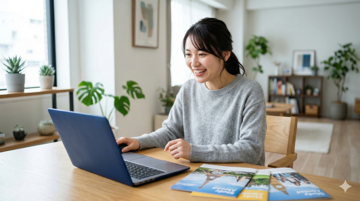自宅のデスクで、日本人学生がPC、留学パンフレットを広げ、情報収集している様子