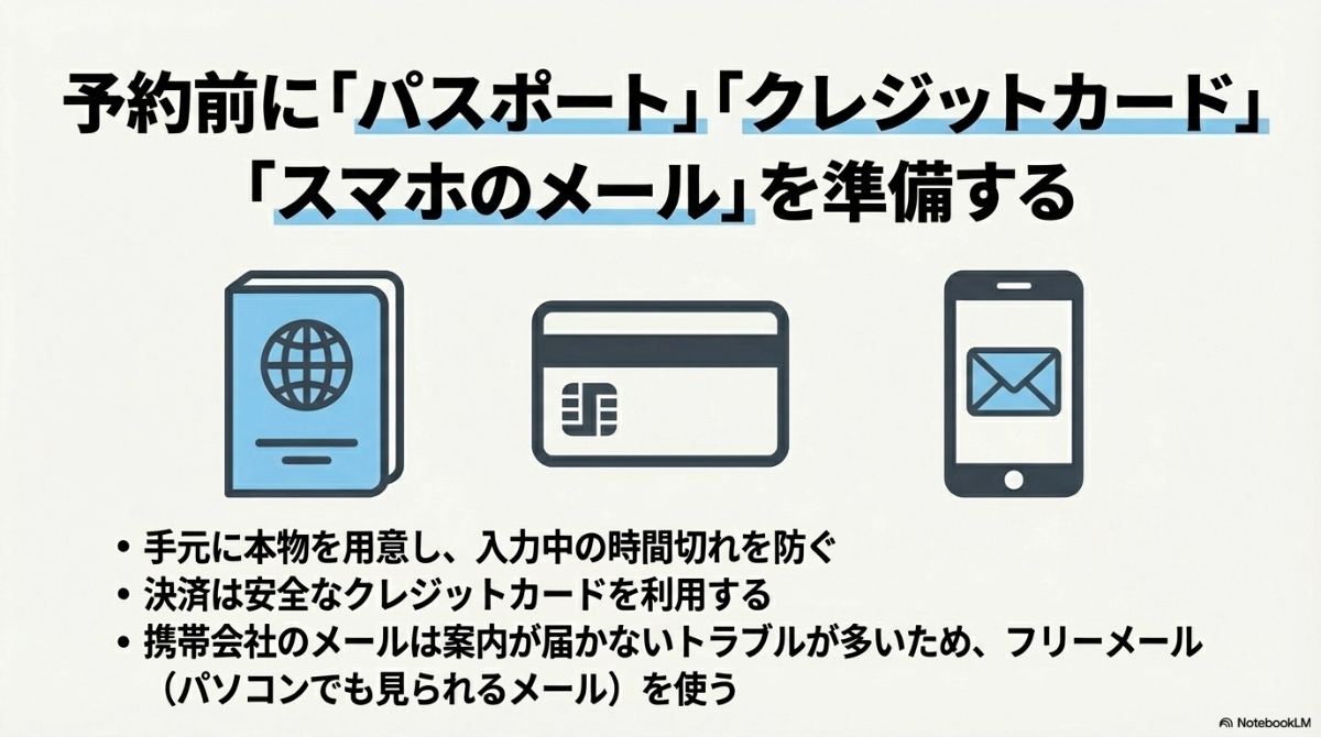 パスポート、クレジットカード、スマートフォンのアイコン。入力中の時間切れを防ぐために本物のパスポートや安全なクレジットカード、案内が届きやすいフリーメールを準備するよう促すスライド 。