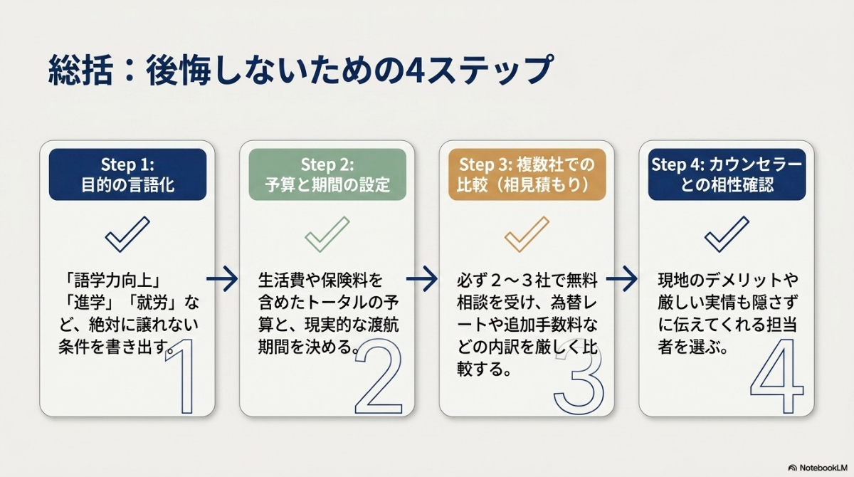 目的の言語化、予算と期間の設定、複数社での比較、カウンセラーとの相性確認という後悔しないための4ステップ