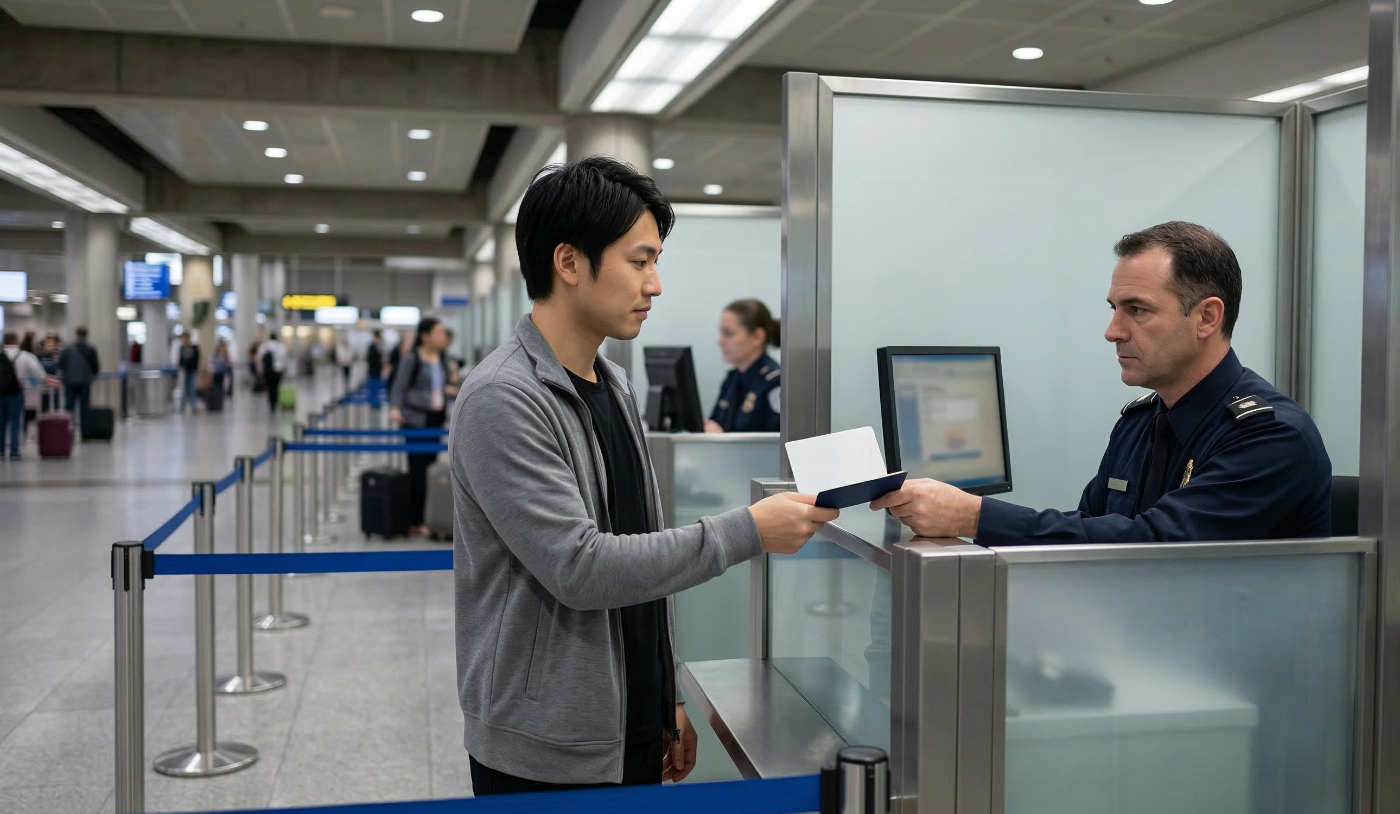 海外の空港で入国審査を受け、パスポートを審査官に提示している日本人旅行者の様子