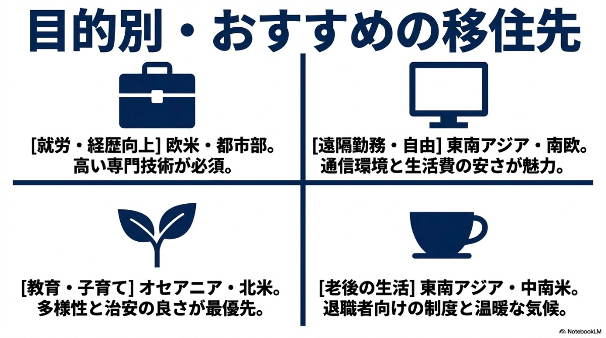 就労、遠隔勤務、教育・子育て、老後の生活といった4つの目的別に、おすすめの移住先エリアと特徴をまとめた図解スライド。