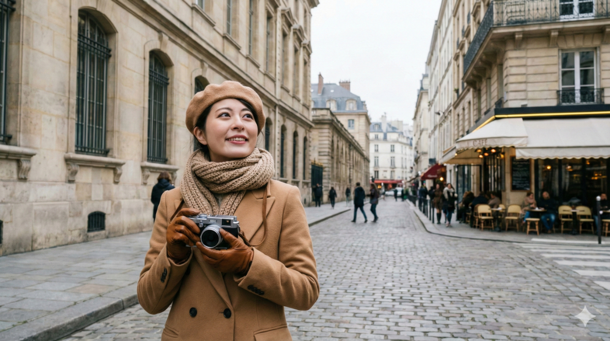 冬のヨーロッパの街並みに合わせた女性の重ね着