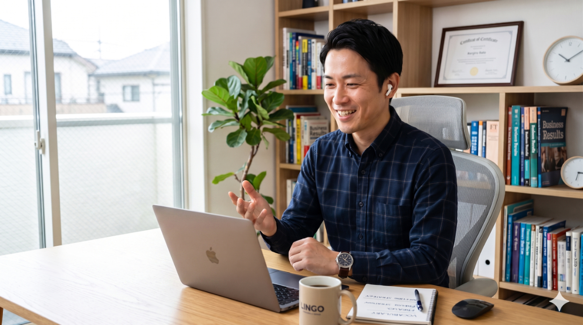 自宅のワークスペースでリラックスしながらオンラインビジネス英会話のレッスンを受ける日本人男性
