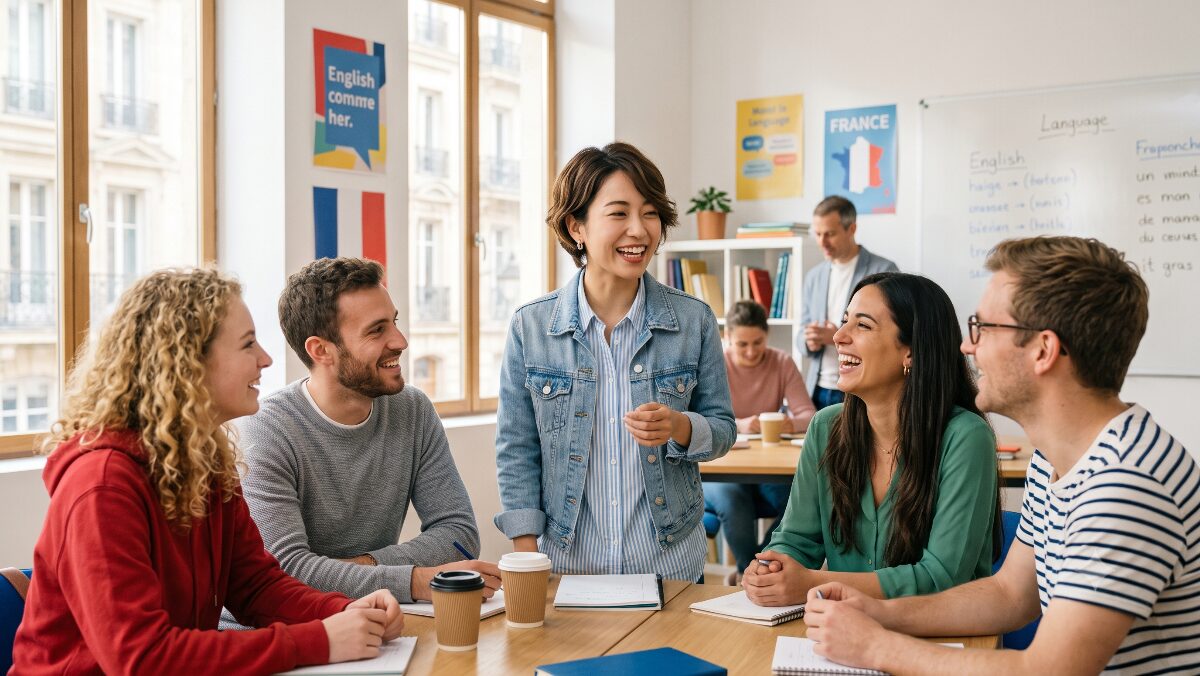 マルタの語学学校で多国籍な留学生たちと英語でコミュニケーションをとる日本人女性