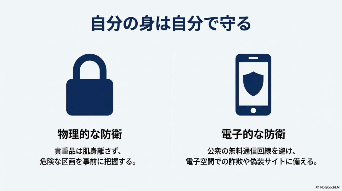 貴重品管理や危険区画の把握といった物理的な防衛と、サイバーセキュリティに備える防衛策を示したスライド