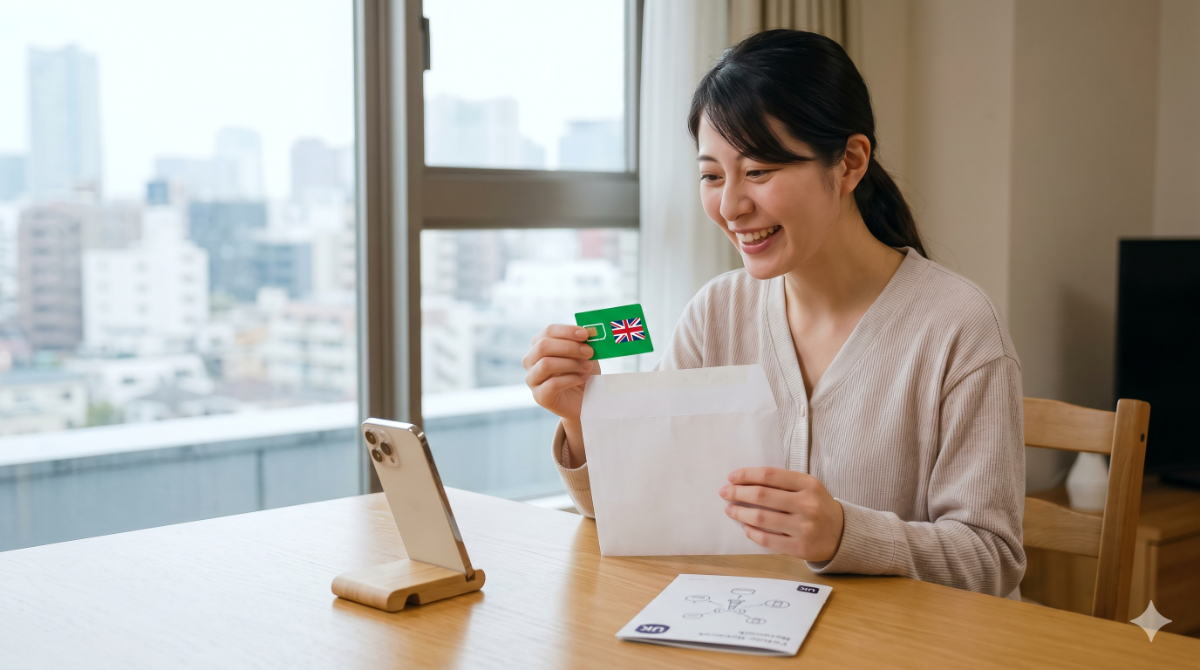 日本の自宅で郵送されたイギリスの物理SIMカードを受け取り、スマートフォンで開通手続きをする日本人女性。