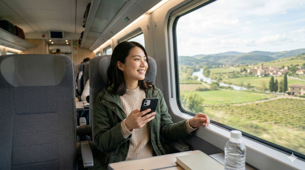ヨーロッパを国際鉄道で周遊しながら、車内でスマートフォンを快適に利用する日本人旅行者