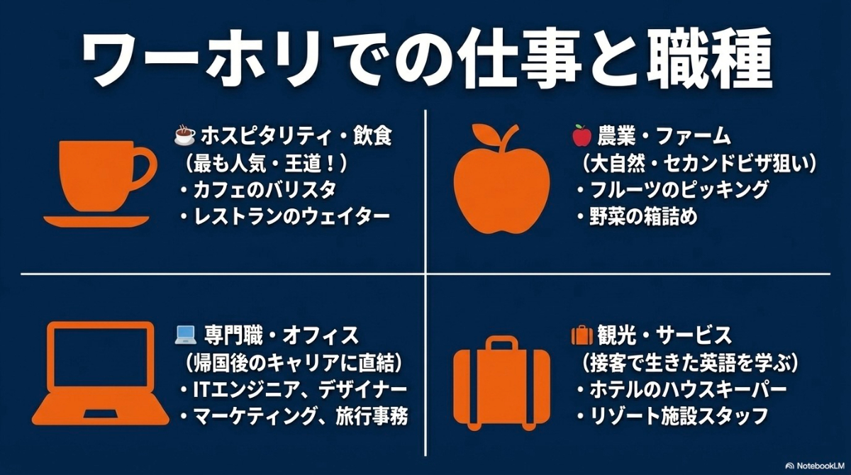 ホスピタリティ・飲食、農業・ファーム、専門職・オフィス、観光・サービスといったワーホリで経験できる代表的な仕事のリスト