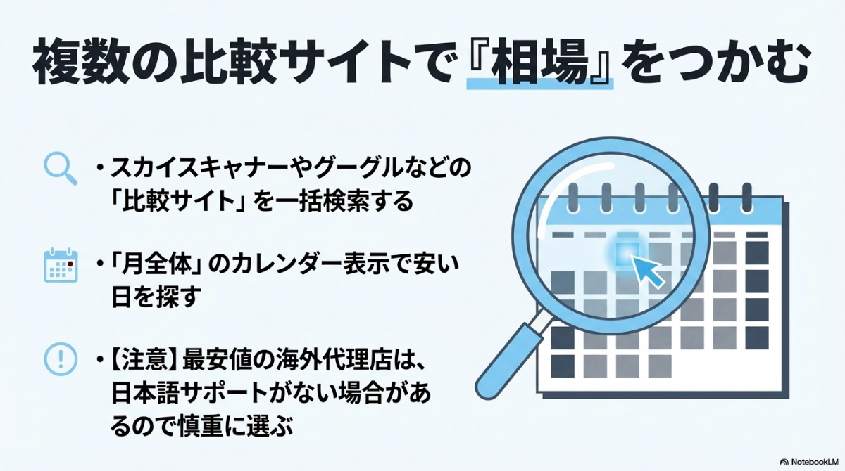 カレンダーと虫眼鏡のアイコン。「複数の比較サイトで『相場』をつかむ」という見出しで、月全体での検索や最安値の海外代理店を利用する際の注意点を記載したスライド 。