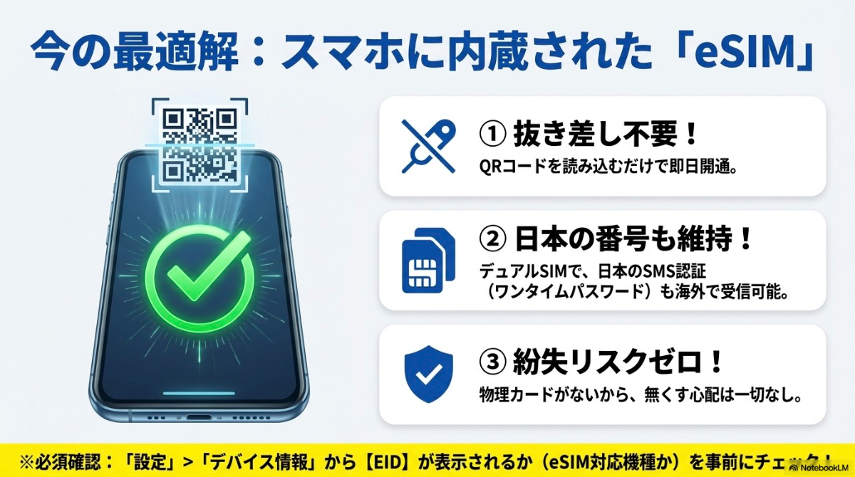 抜き差し不要、日本の電話番号維持、紛失リスクゼロといったeSIMを利用する3つのメリット