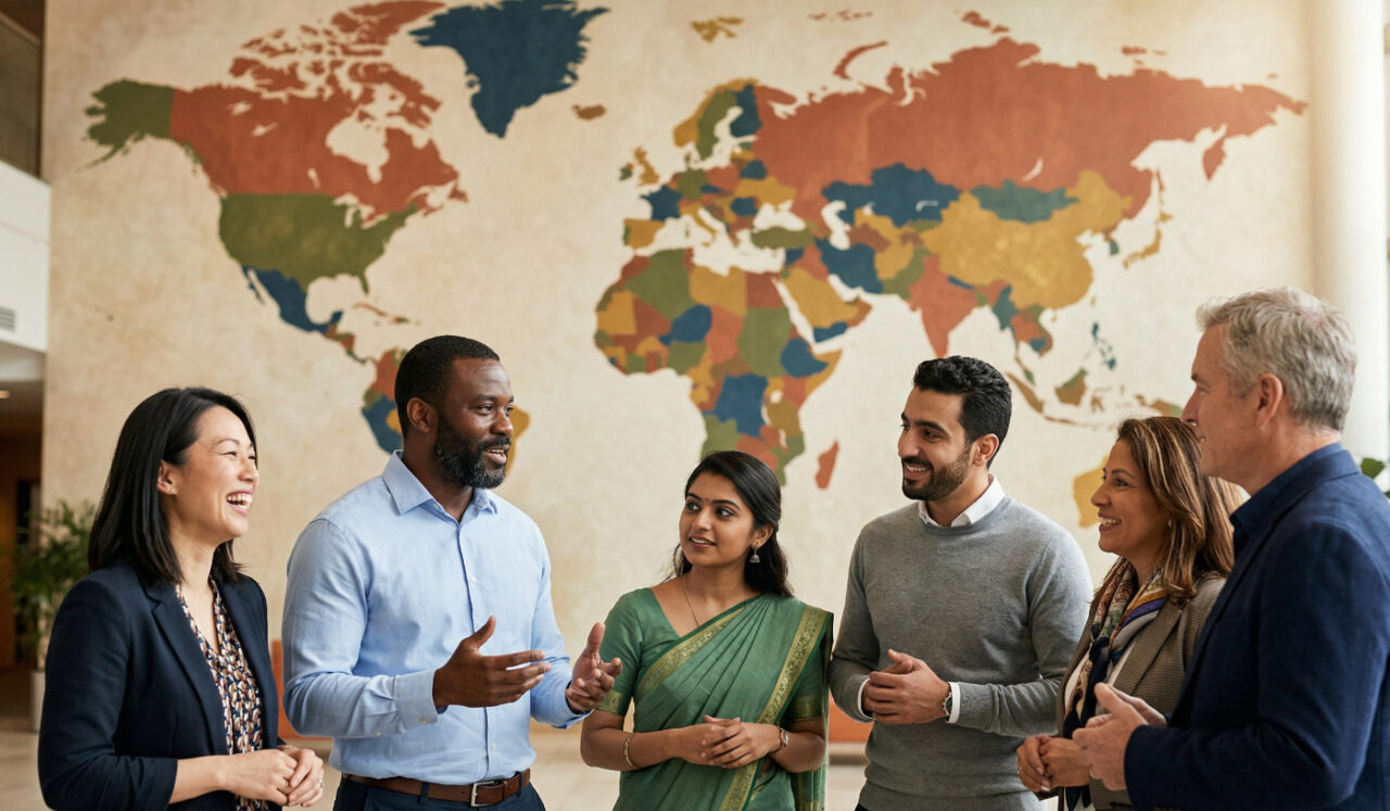 様々な国籍や文化背景を持つ人々が、世界地図を背景に笑顔で会話している様子を表現