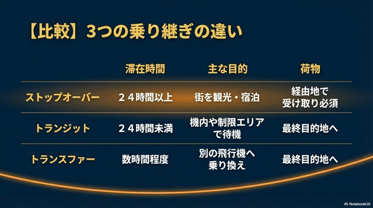 ストップオーバー、トランジット、トランスファーの滞在時間や目的の違いを比較した表